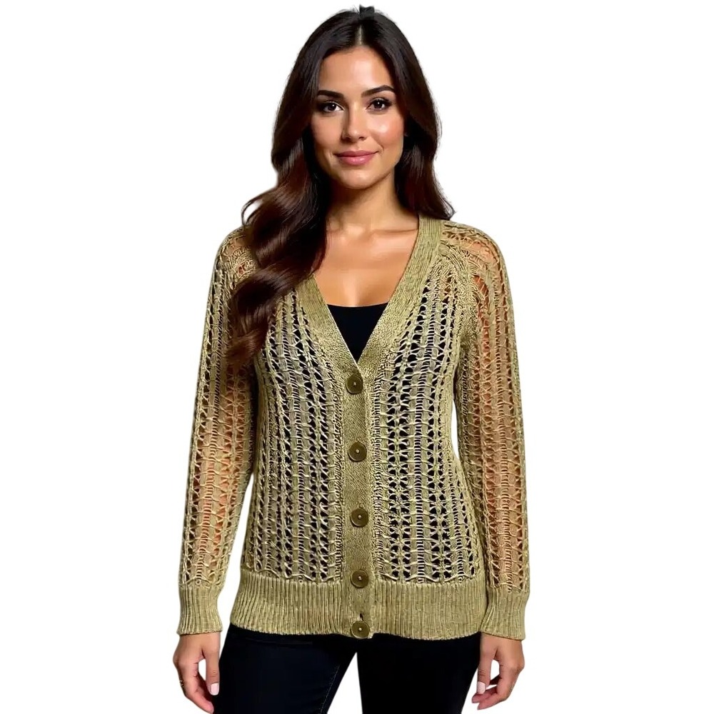 Talbots Women 100% Linen Open Knit V-Neck Cardigan Sweater Size‎ M